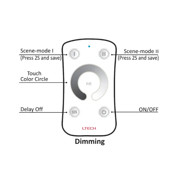 Dimming Remote Control 433MHz RF 3V CR2032, 40m range. M1  LTECH Remote Control